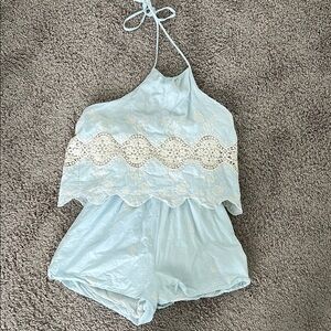 Altar'd State Light Blue Halter Romper with Lace Eyelet Details